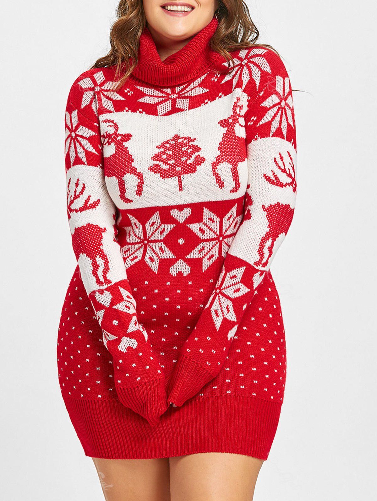 

Christmas Snowflake Elk Jacquard Plus Size Sweater, Red