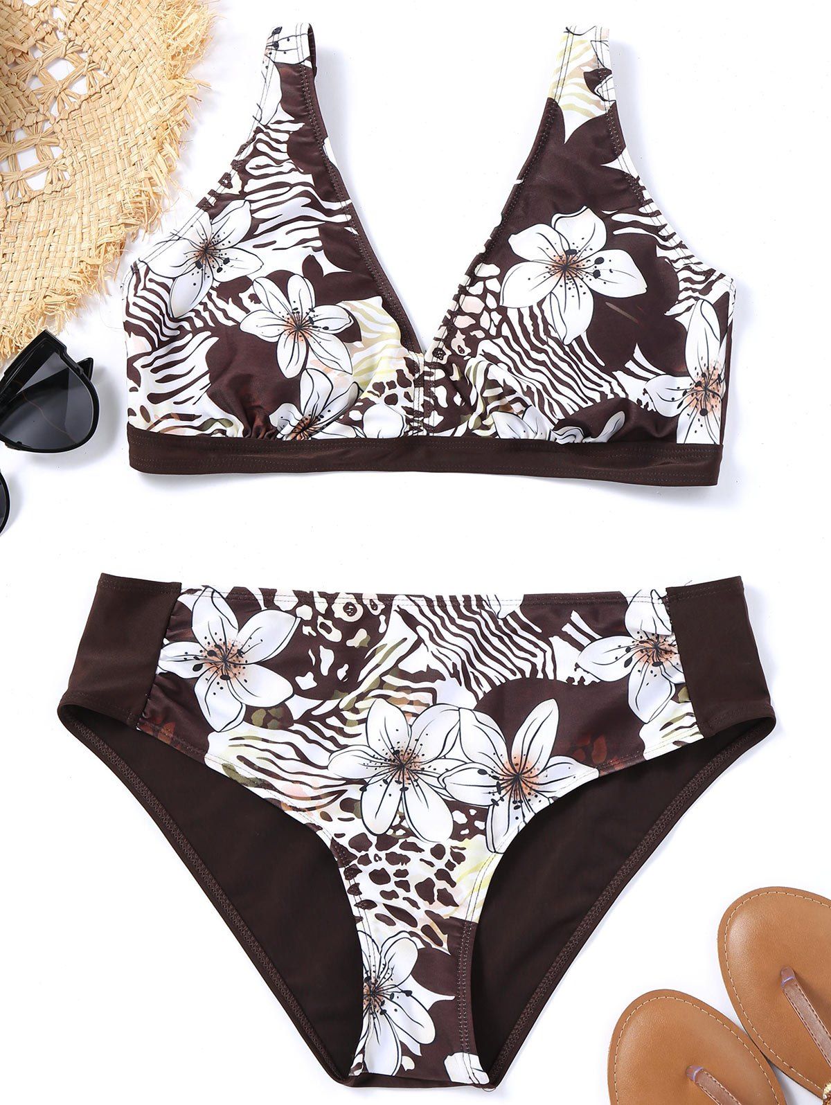 

Flower Pattern Plunge Neck Bikini Set, Colormix