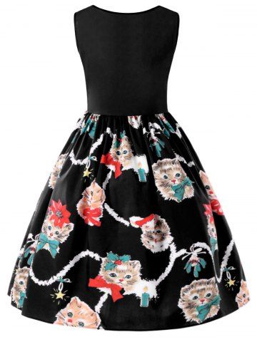 

Sleeveless Kitten Print Swing Dress, Black