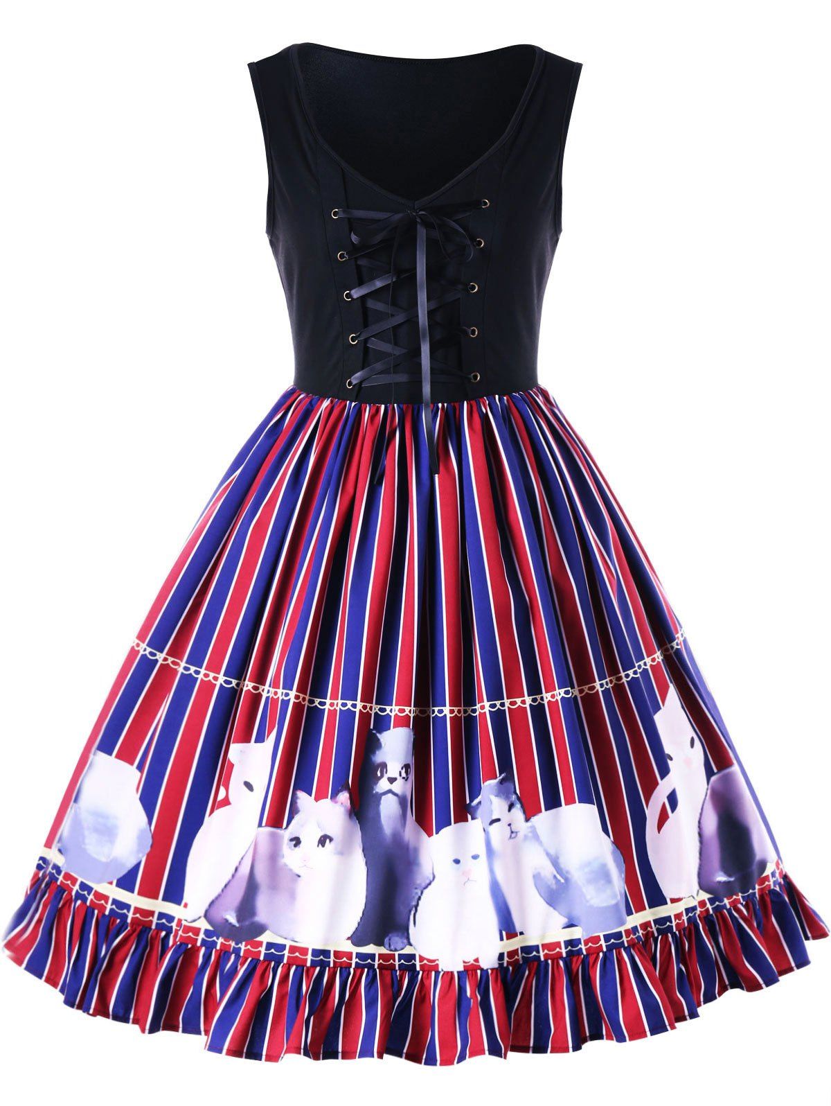 

Striped Kitten Flounced Swing Dress, Colormix