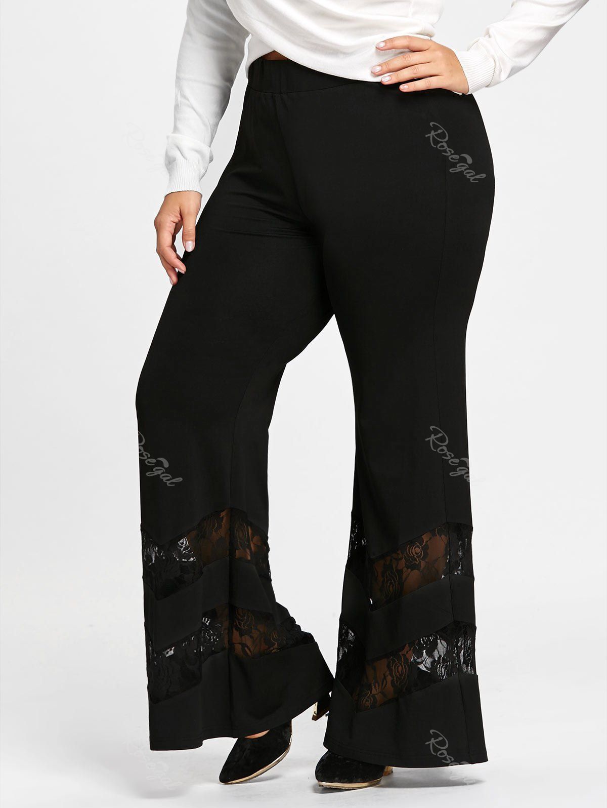 

Plus Size Lace Insert Trumpet Pants, Black