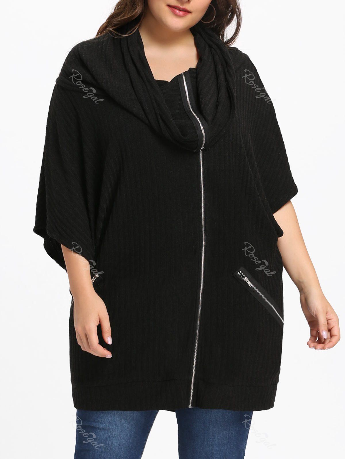 

Plus Size Batwing Sleeve Hooded Coat, Black