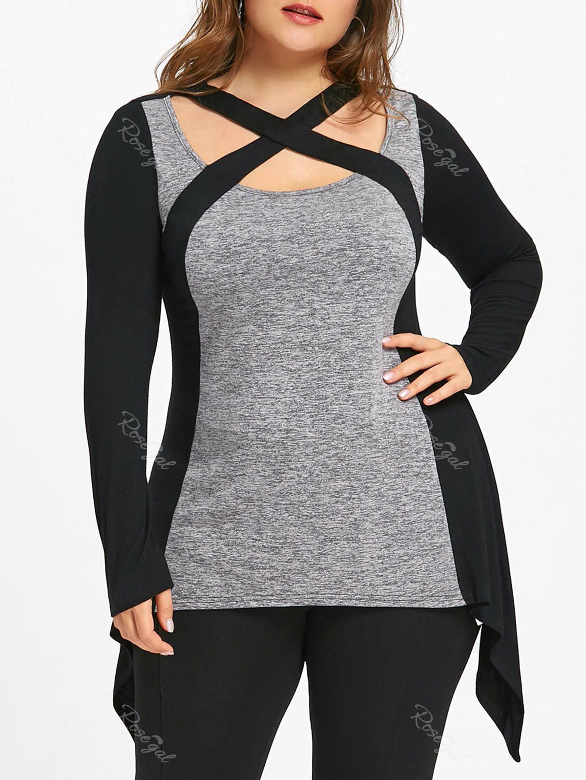 

Plus Size Criss Cross Marled T-shirt, Black and grey