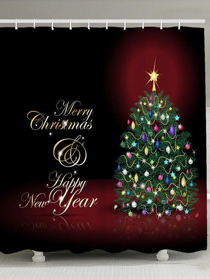 Waterproof Merry Christmas Tree Printed Shower Curtain, Colorful
