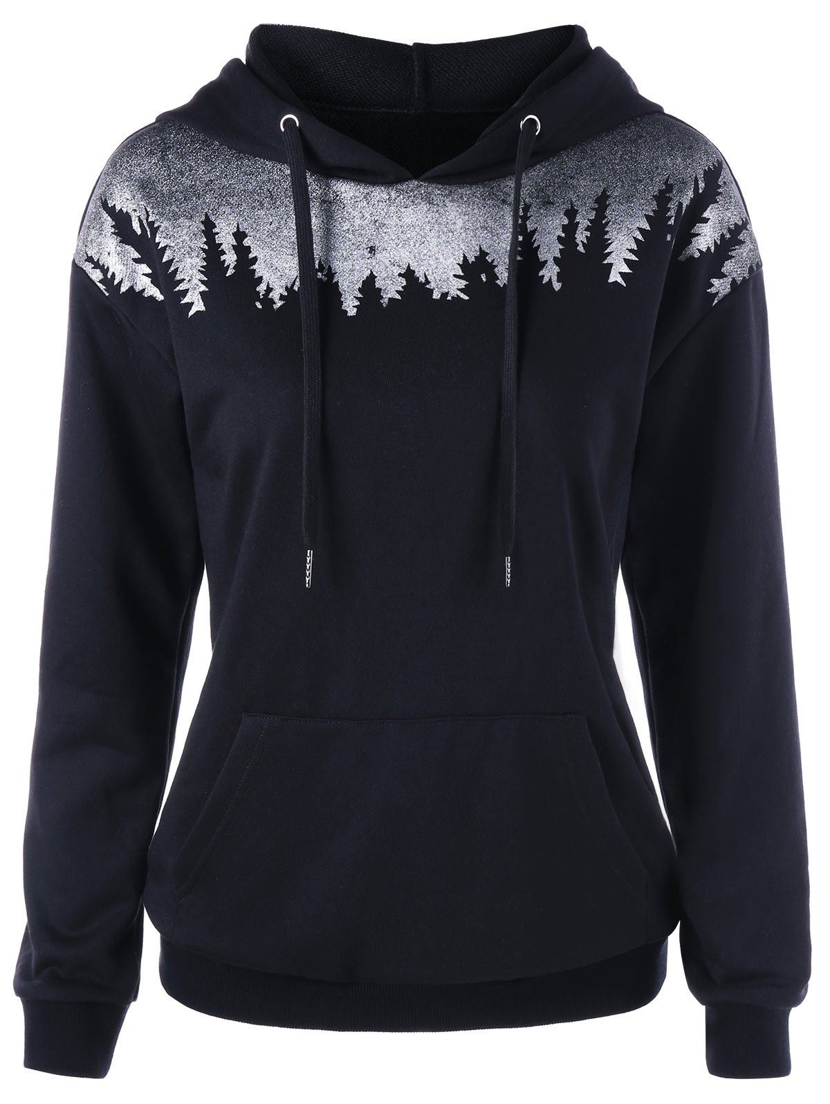 

Kangaroo Pocket Drawstring Printed Hoodie, Black