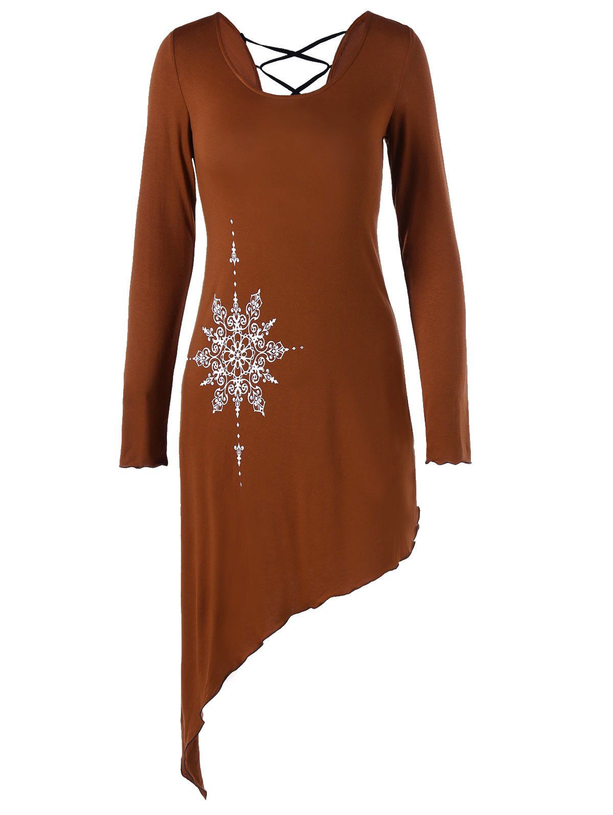 

Asymmetrical Lace Up Tribal Print Mini Dress, Brown