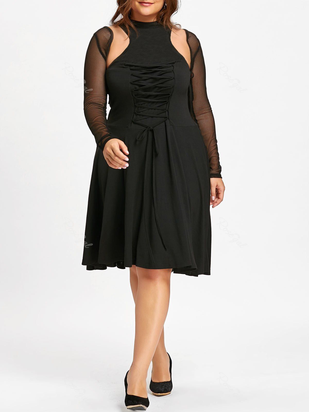 

Plus Size Lace Up Cutout Retro Dress, Black