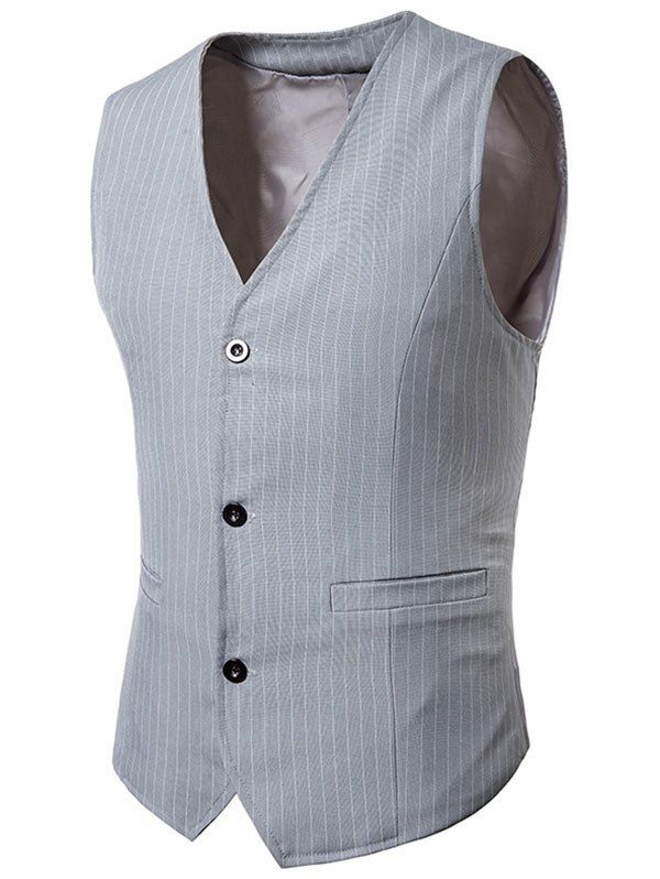 

V Neck Single Breasted Vertical Stripes Waistcoat, Gray
