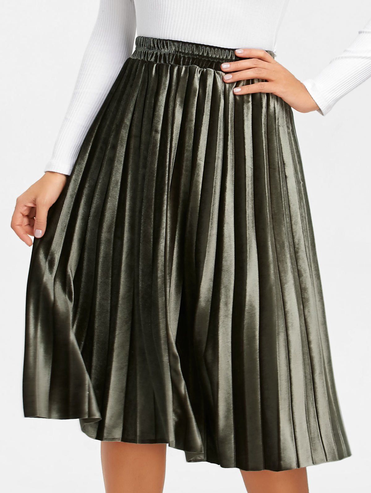 [78% OFF] Velvet High Waisted Midi Pleated Skirt | Rosegal