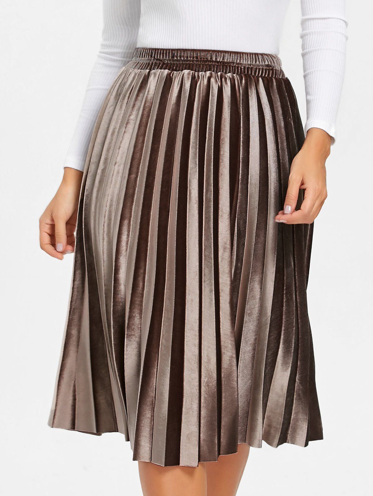 

Velvet High Waisted Midi Pleated Skirt, Brown