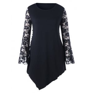 

Plus Size Lace Sleeve Tunic Irregular T-shirt, Black