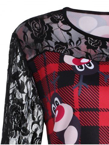 

Christmas Cartoon Print Lace Sleeve Top, Red with black