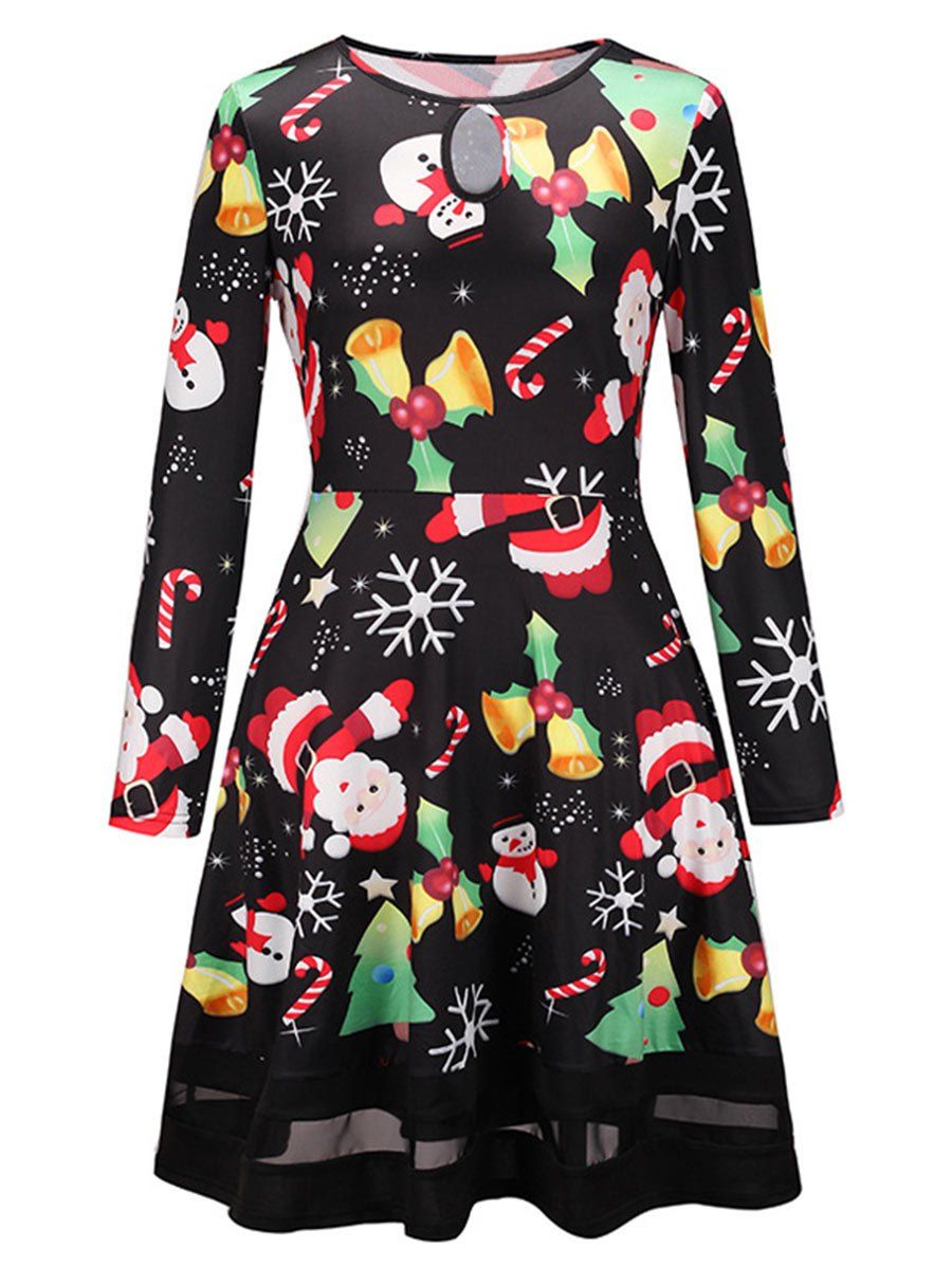 

Christmas Print Mesh Panel Keyhole Dress, Colormix