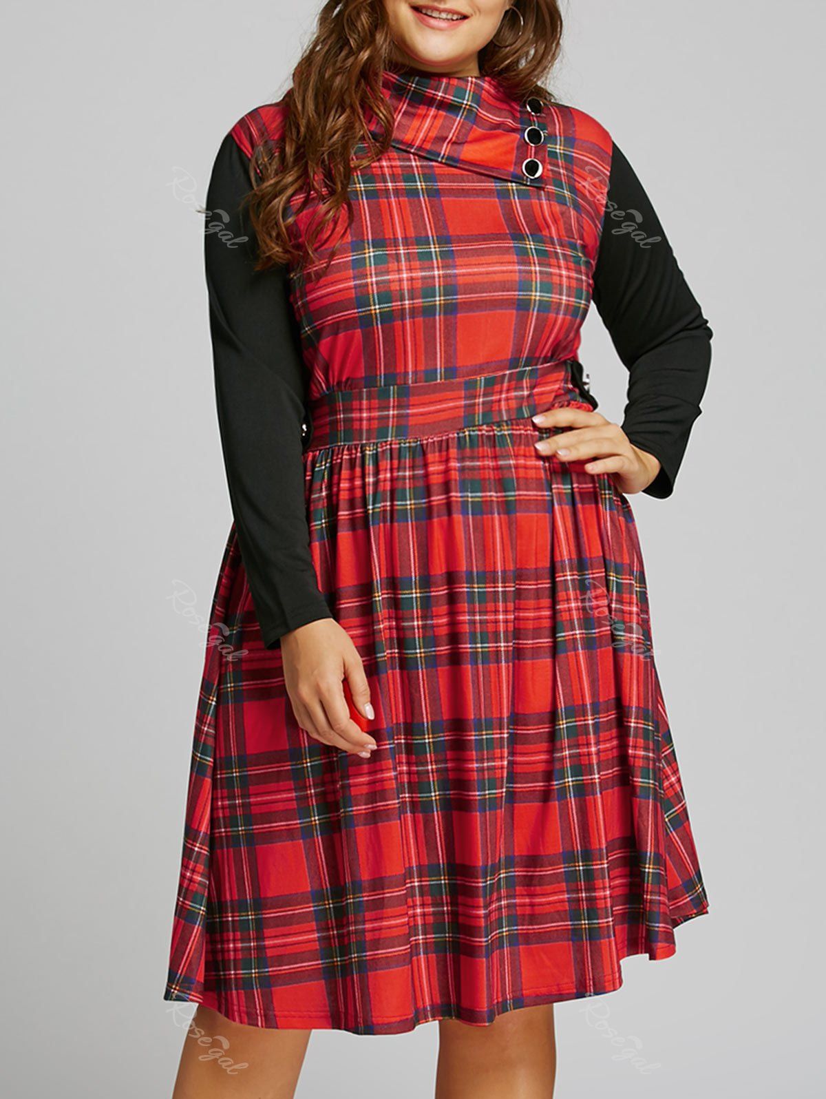 [36% OFF] Plus Size Long Sleeve Plaid Flared Dress | Rosegal