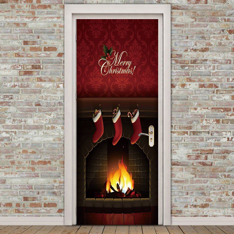 

Environmental Removable Christmas Fireplace Printed Door Stickers, Colorful