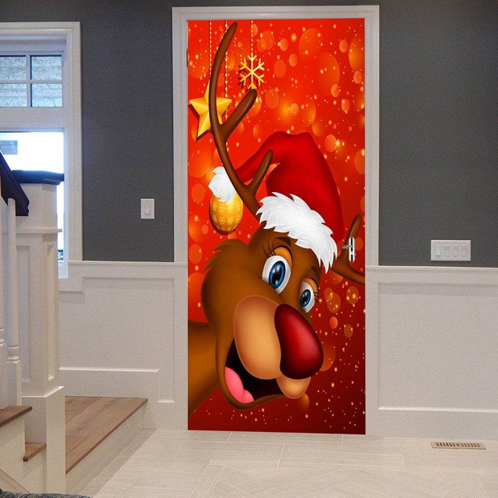 

Christmas Deer with Hat Pattern Door Cover Stickers, Red