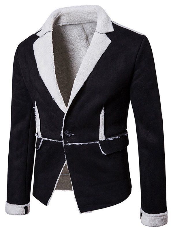 

One Button Lapel Collar Suede Shearling Jacket, Black
