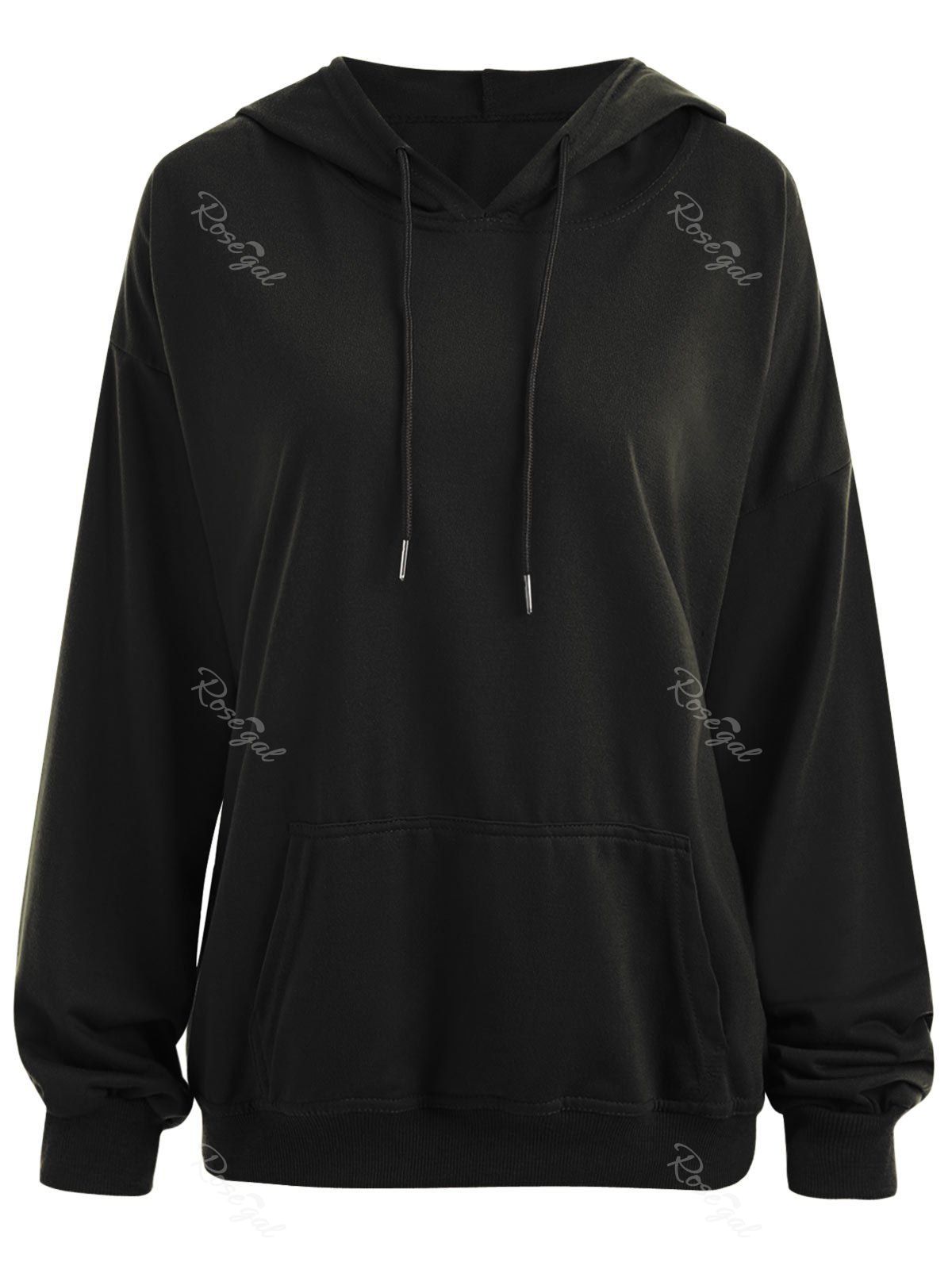 

Drop Shoulder Plus Size Plain Hoodie with Pocket, Black