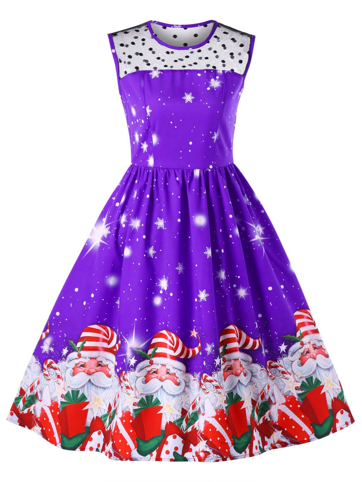 

Christmas Mesh Insert Santa Claus Print Dress, Concord