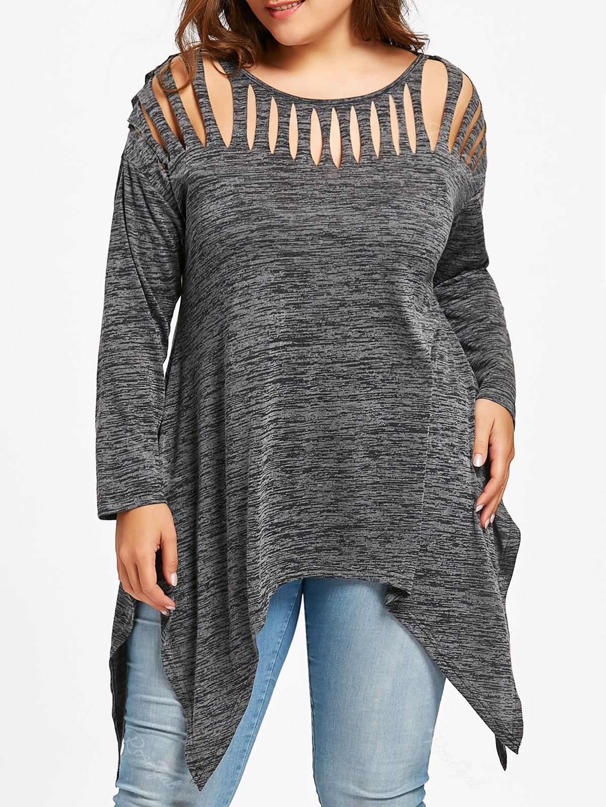 

Plus Size Marled Handkerchief Shredded Top, Dark heather gray