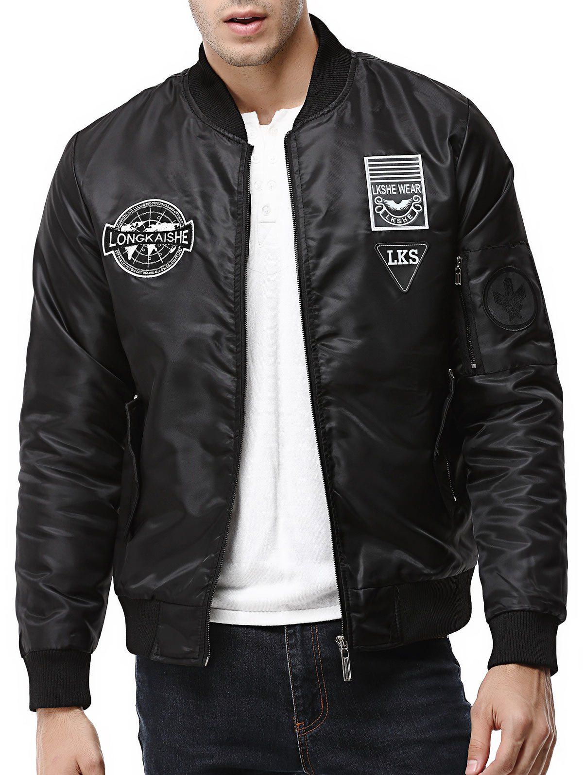 

Patch Design Zip Up Pilot Jacket, Black