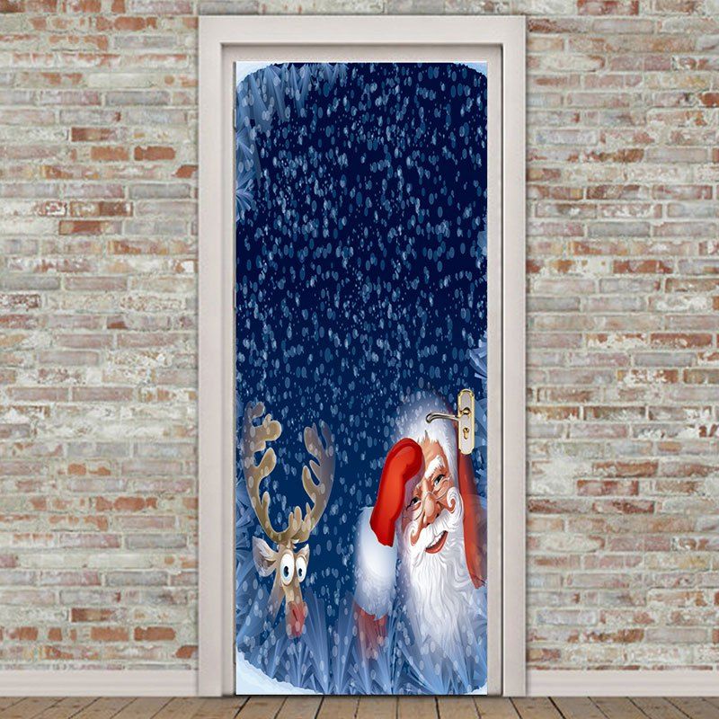 

Environmental Removable Snow Santa Claus and Elk Printed Door Stickers, Blue