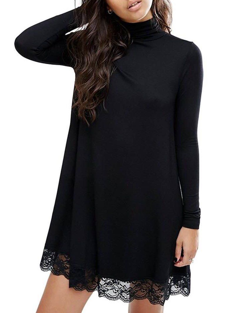 

Mock Neck Lace Panel Shift Dress, Black