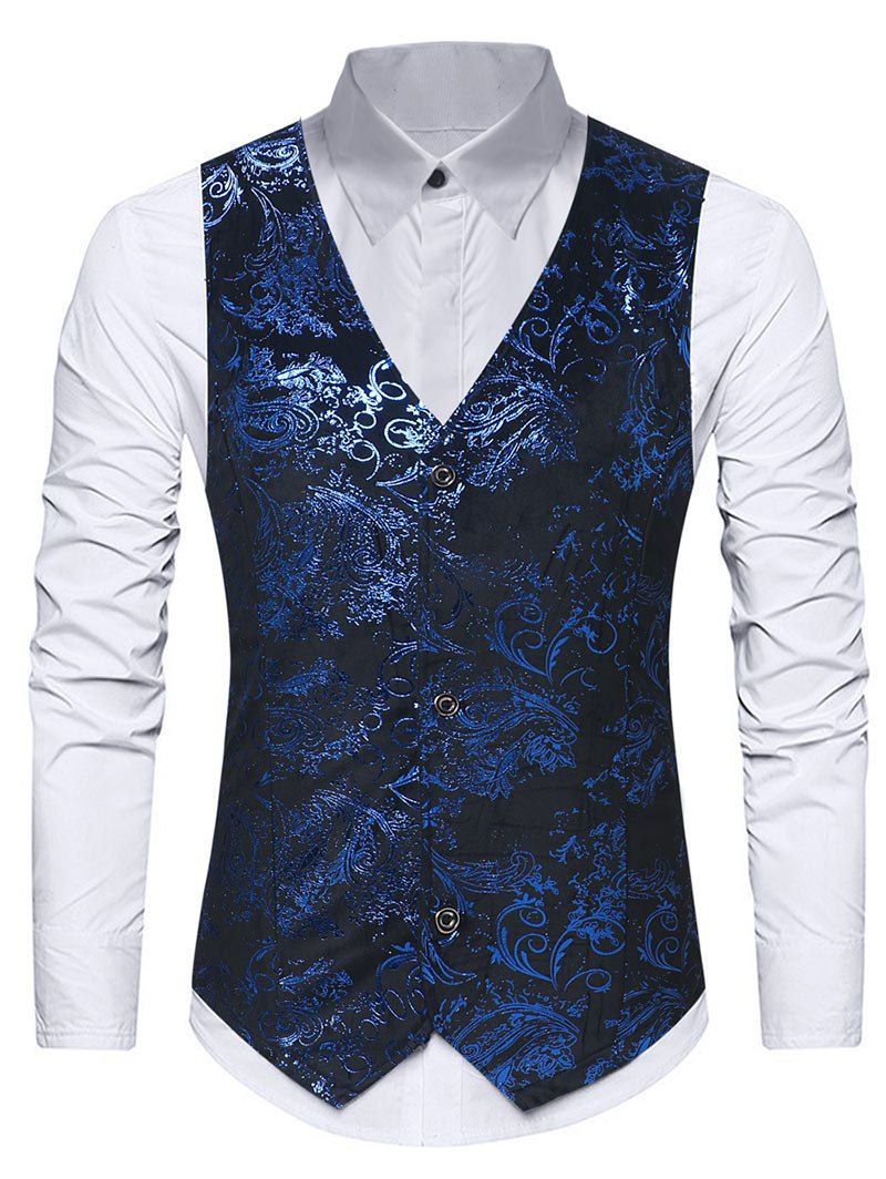 

V Neck Vintage Floral Print Velveteen Waistcoat, Blue