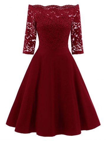 Wine Red Xl Lace Insert Off The Shoulder Vintage Flare Dress Trendy Lace Insert Off The Shoulder Vintage Flare Dress