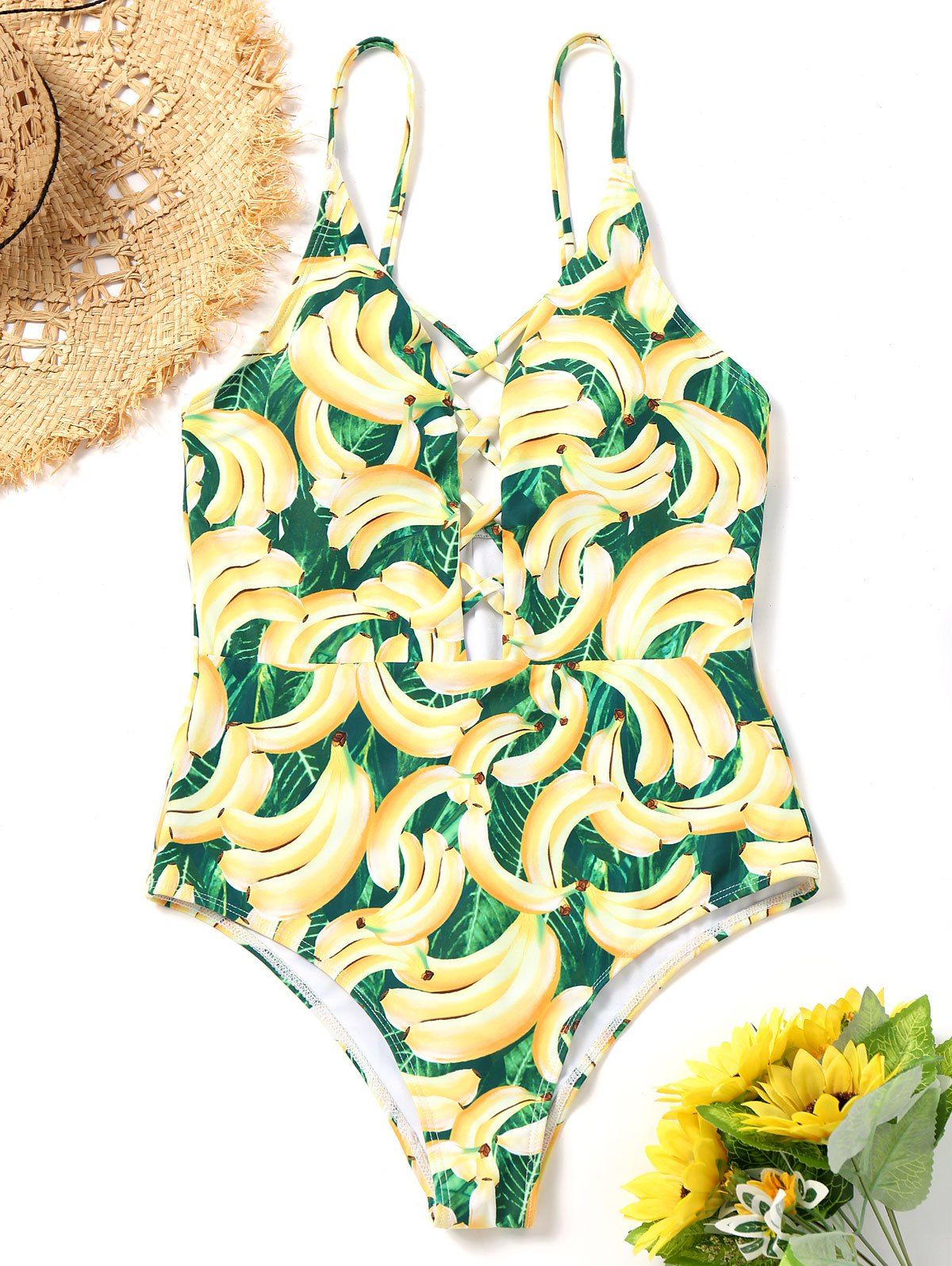 

Banana Print Strappy One Piece Swimsuit, Colormix