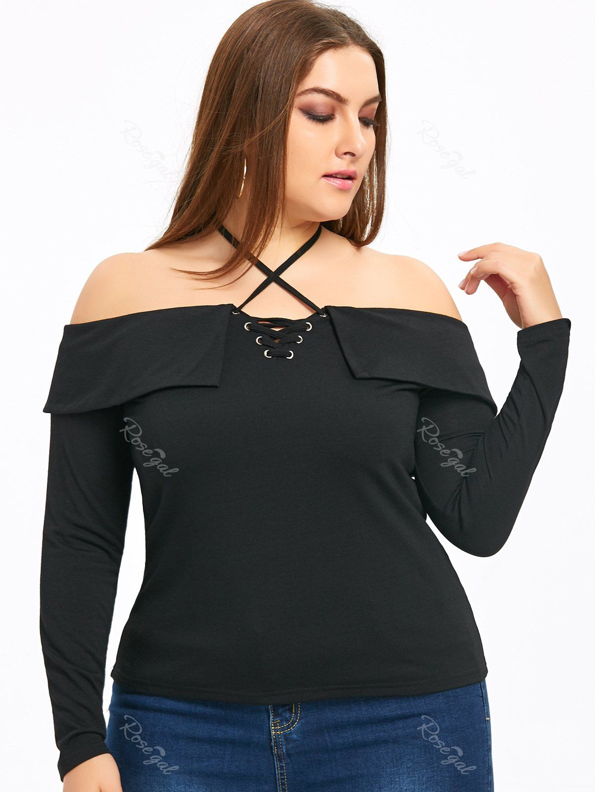 

Plus Size Off The Shoulder Halter Top, Black