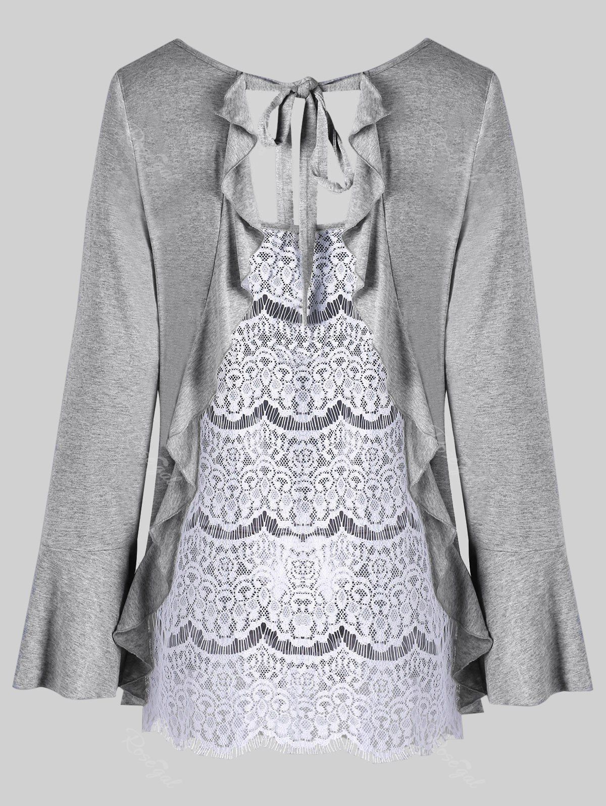 

Plus Size Flounced Lace Back Top, Light grey