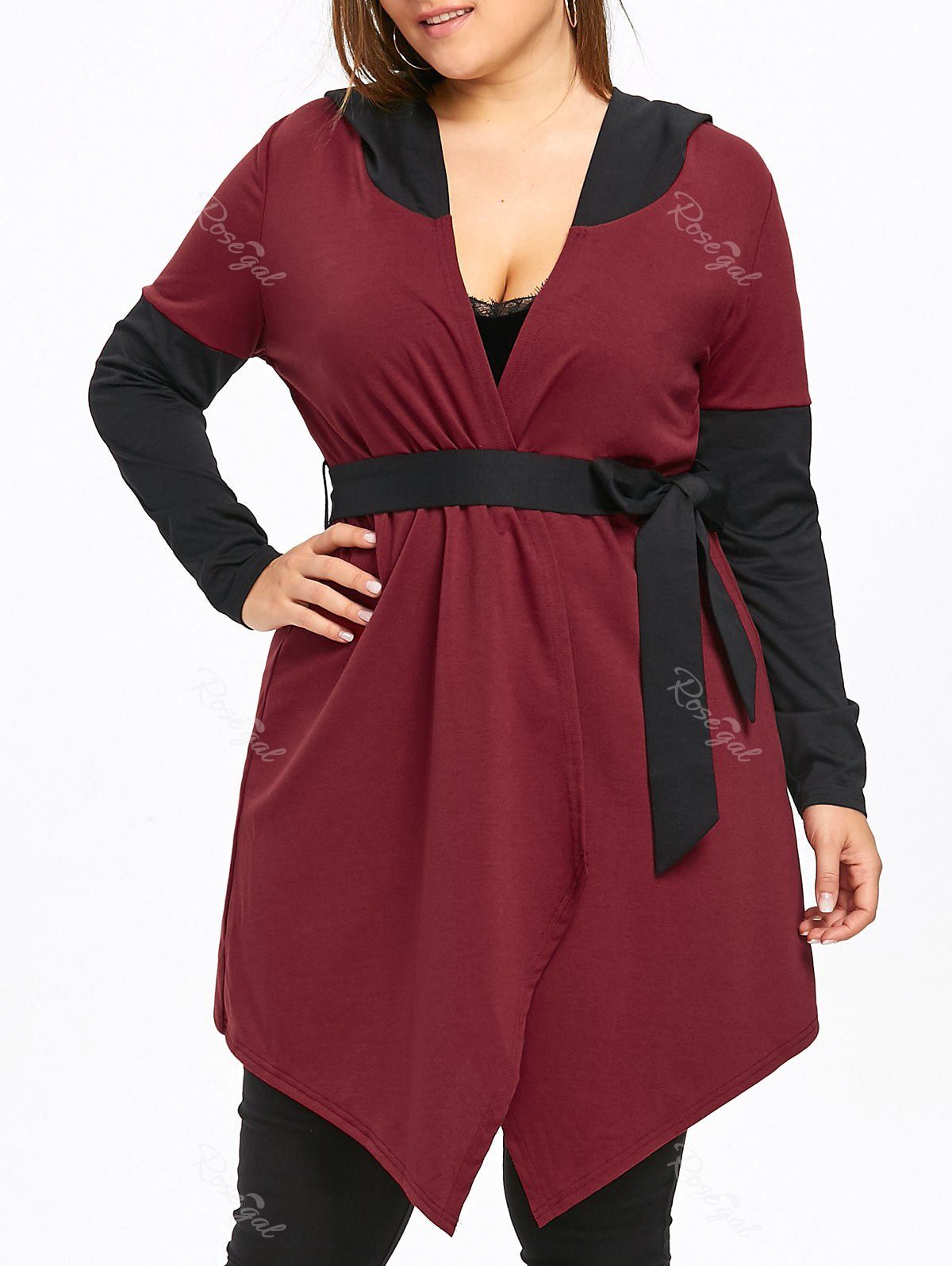 

Plus Size Hooded Two Tone Coat, Wine red