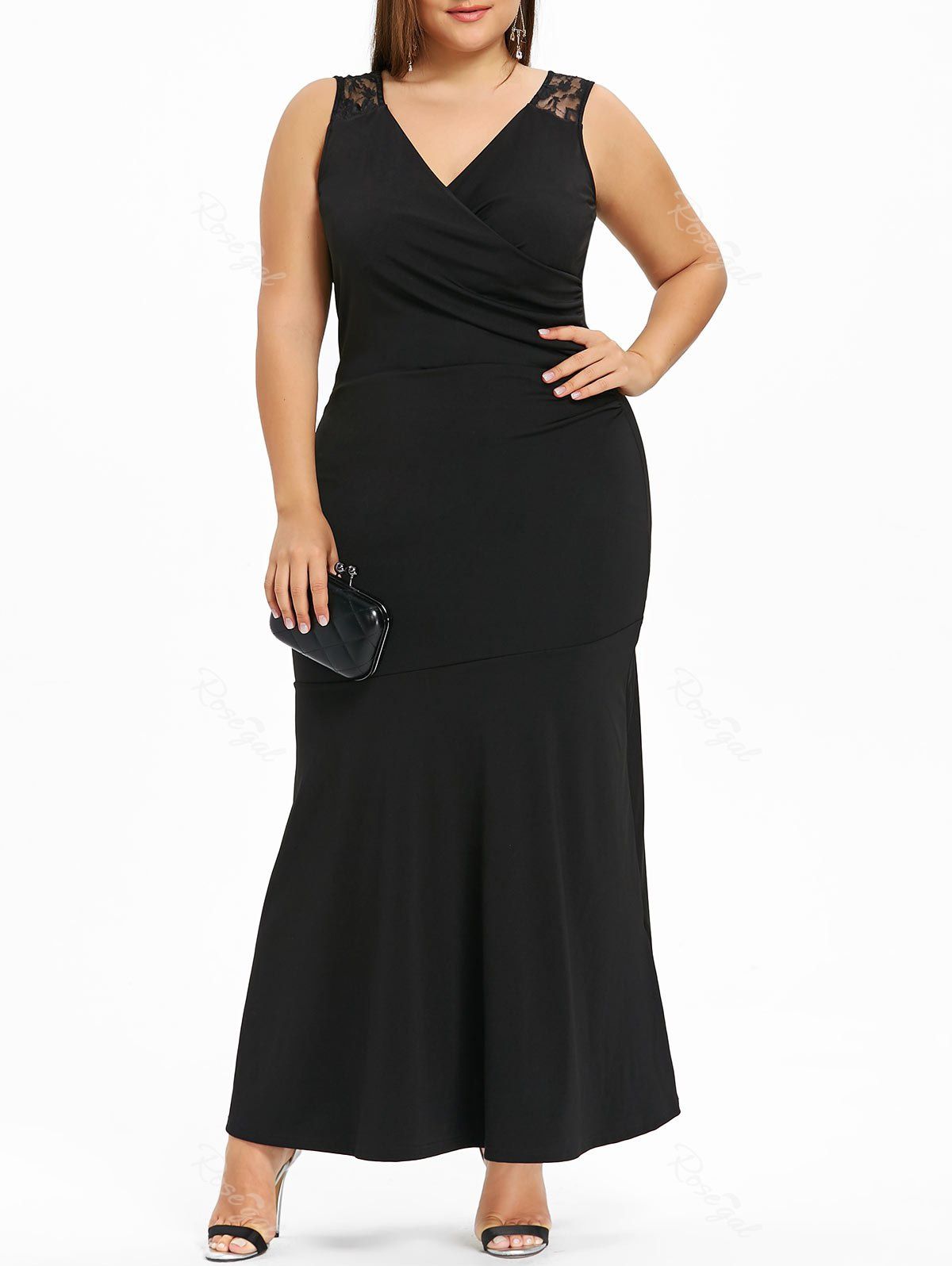 

Plus Size Lace Trim Sleeveless Evening Dress, Black