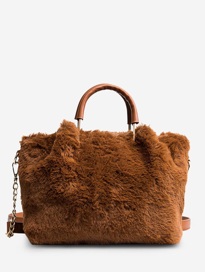 

Chain Faux Fur Handbag With Strap, Brown