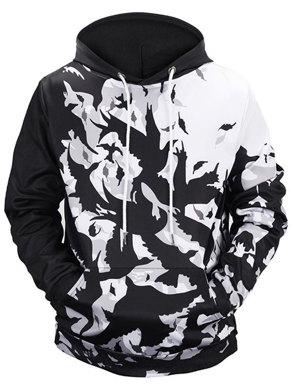 

Birds Print Kangaroo Pocket Pullover Hoodie, White and black