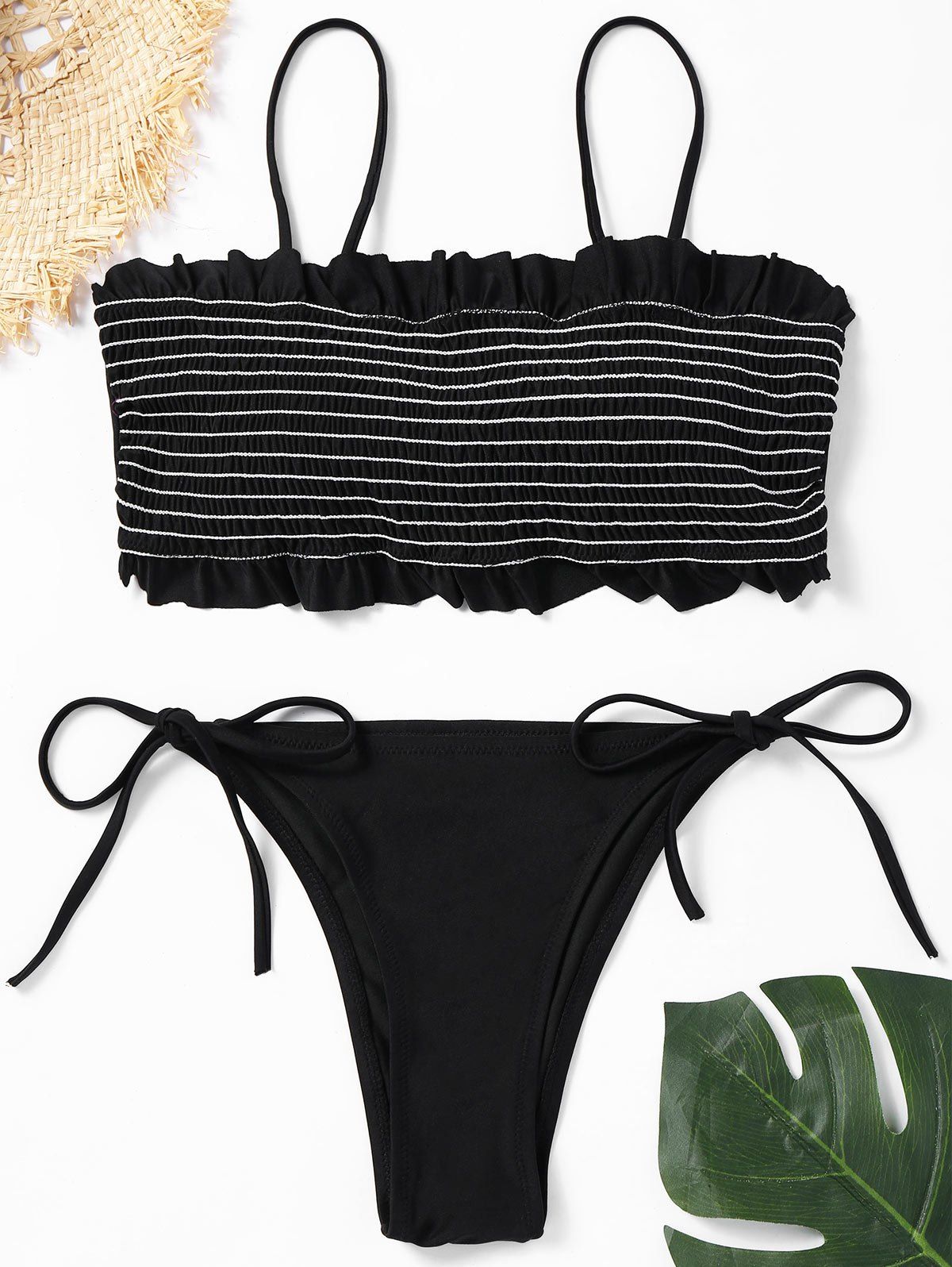 

Frill Trim Low Waisted Smocked Bikini Set, Black