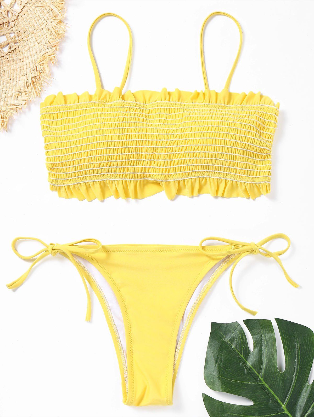 

Frill Trim Low Waisted Smocked Bikini Set, Yellow