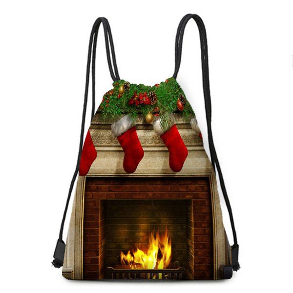 

Drawstring Christmas Fireplace Pattern Candy Storage Backbag, Colorful