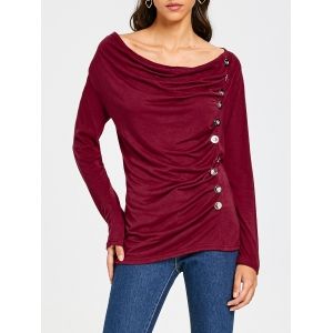 

Cowl Neck Long Sleeve Button Embellished Blouse For Women, Purplish red