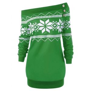 

Plus Size Pullover Snowflake Geometric Skew Neck Sweatshirt, Green