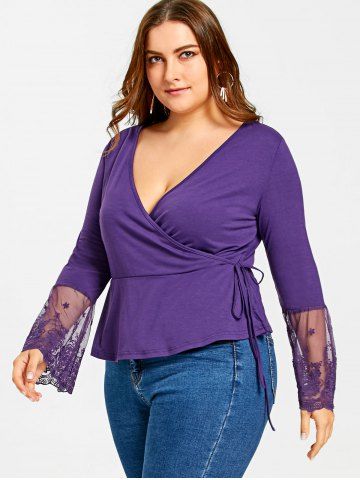 

Plus Size Long Sleeve Lace Panel Surplice Top with Ties, Purple