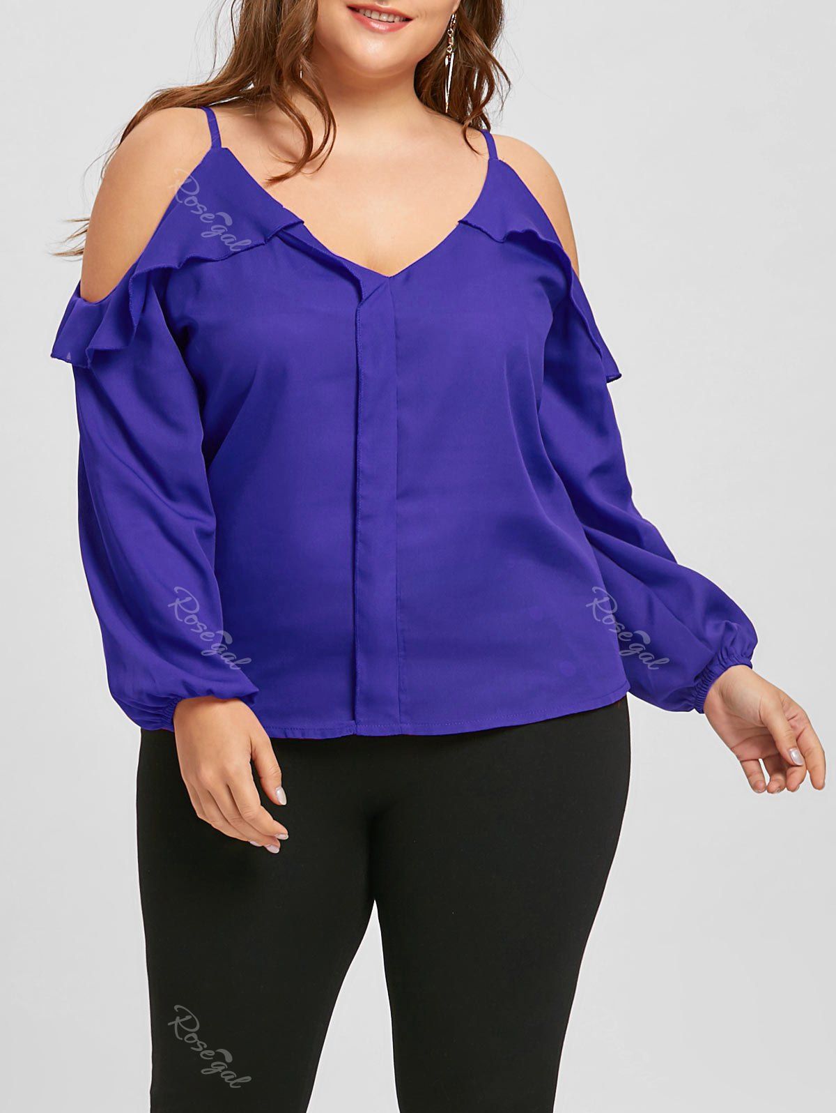 

Plus Size Ruffled Chiffon Long Sleeve Cold Shoulder Top, Blue