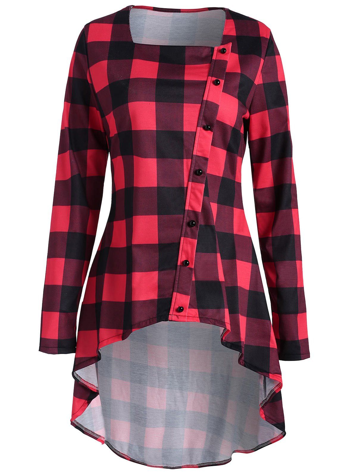 

High Low Plaid Button Embellished T-shirt, Red