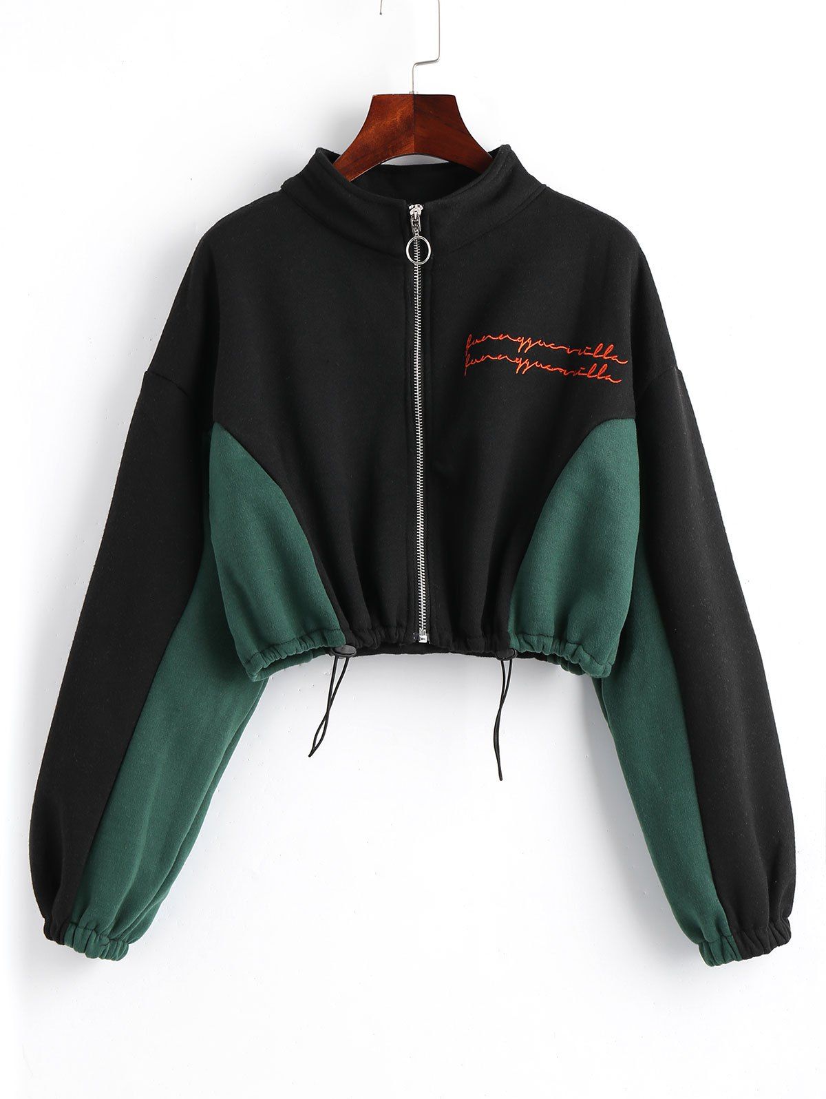 

Zip Up Letter Cat Embroidered Cropped Sweatshirt, Black