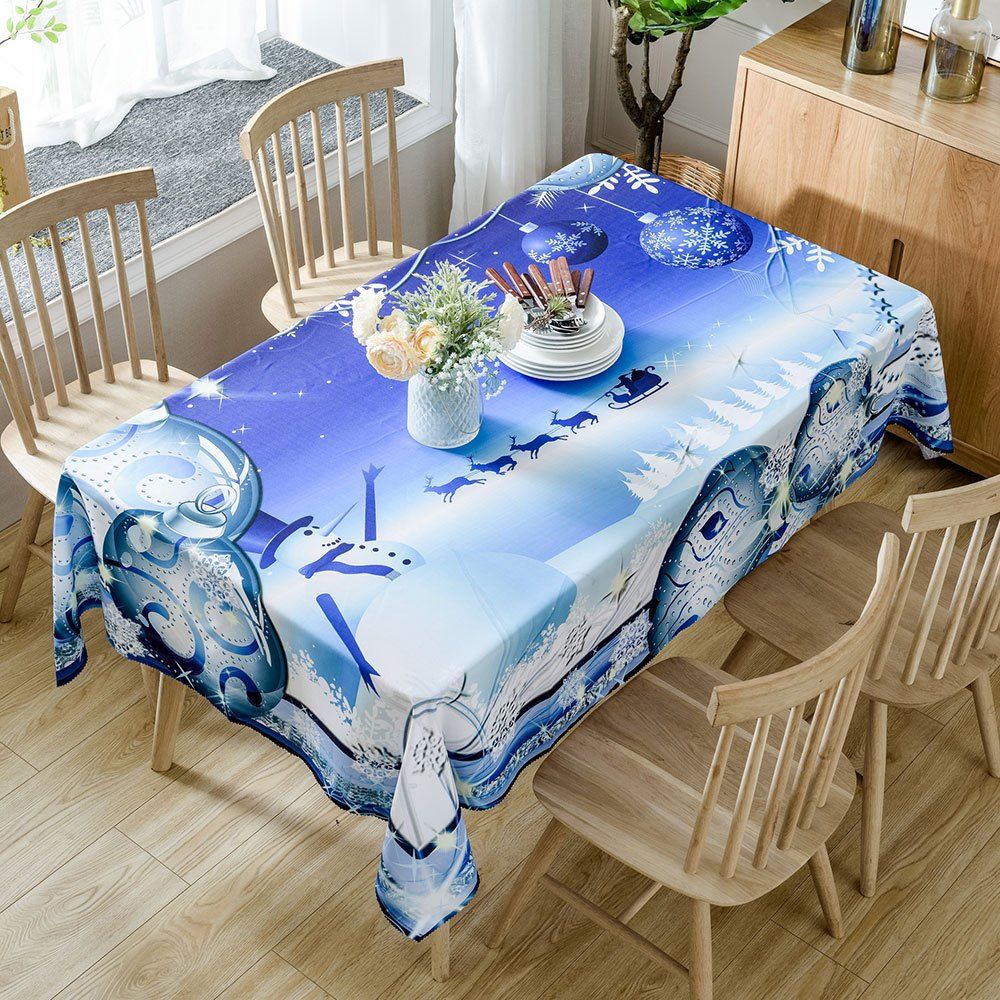 

Christmas Baubles Snowman Print Fabric Waterproof Table Cloth, Blue