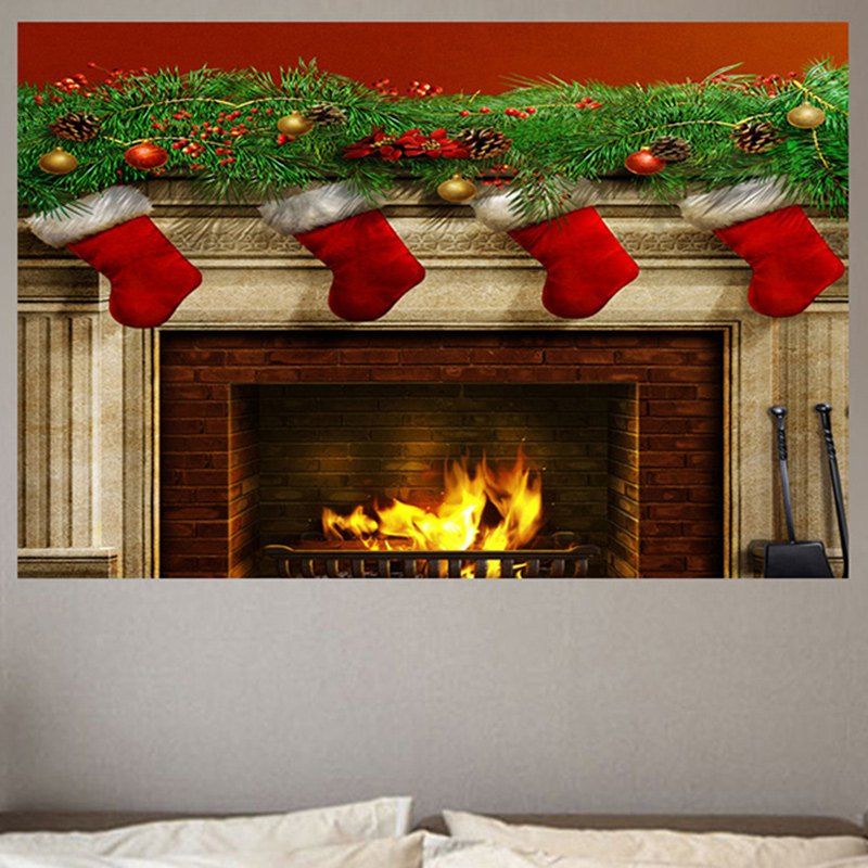 2019 christmas burning fireplace patterned wall sticker | rosegal