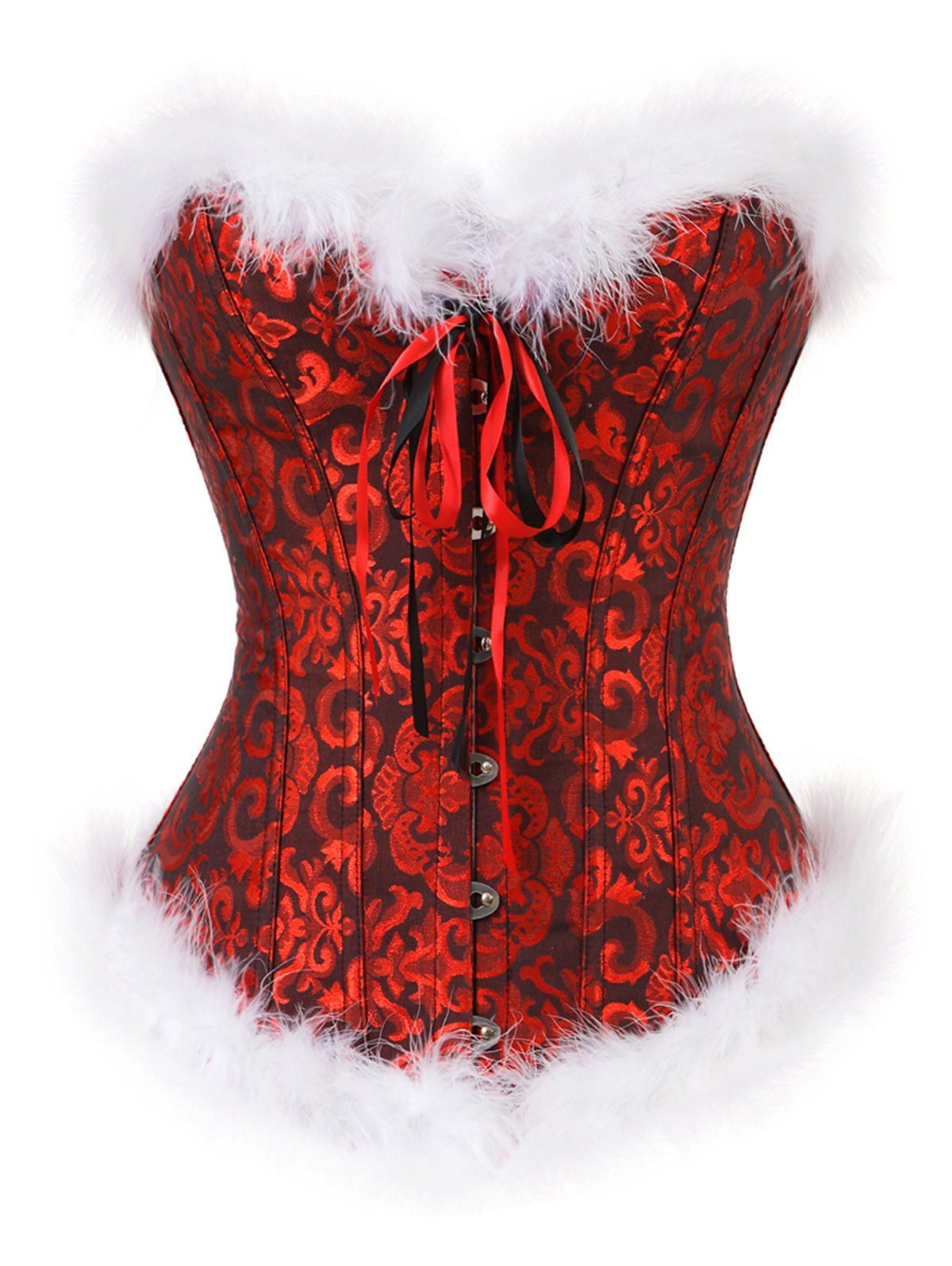 

Steel Boned Christmas Feathers Brocade Corset, Red