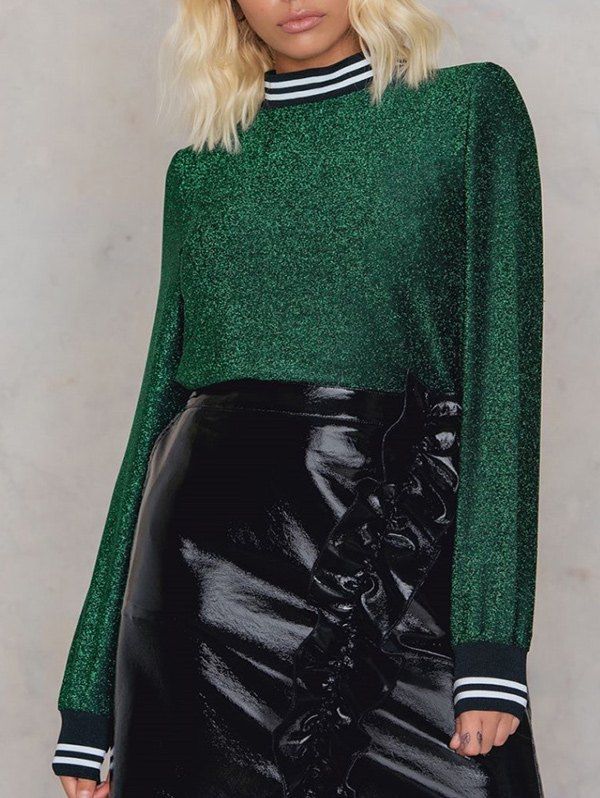 

Mock Neck Striped Panel Glitter T-shirt, Green