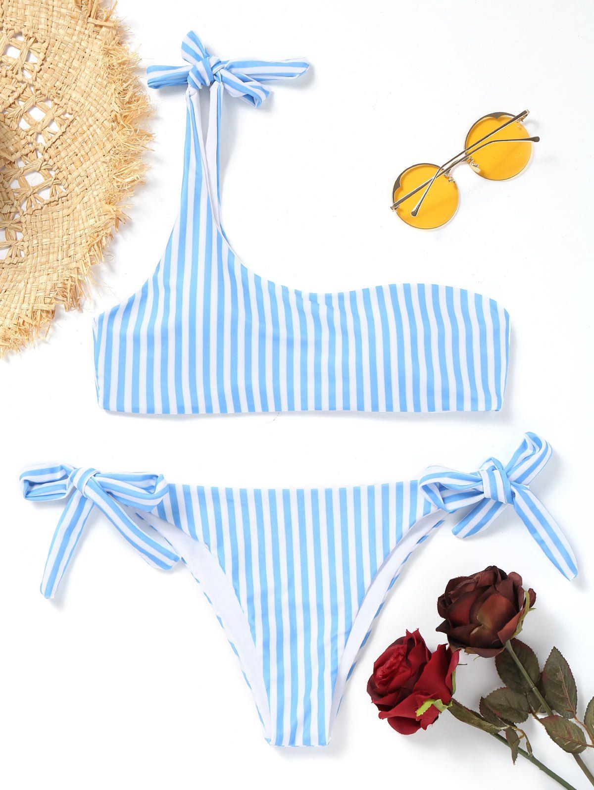 

One Shoulder String Striped Bikini, Blue and white